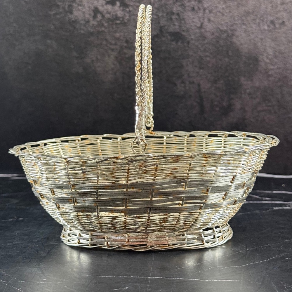 Vintage Silver Plated Woven Basket with Handle 8in X 6.5in